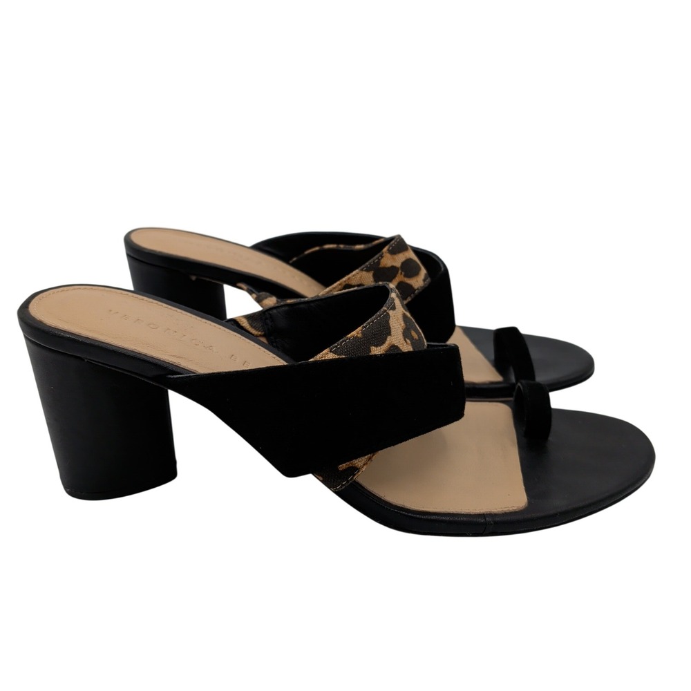 Veronica Beard Zuri 65mm Mixed-Media‎ Sandals Black Suede Leopard Block Heel 7.5